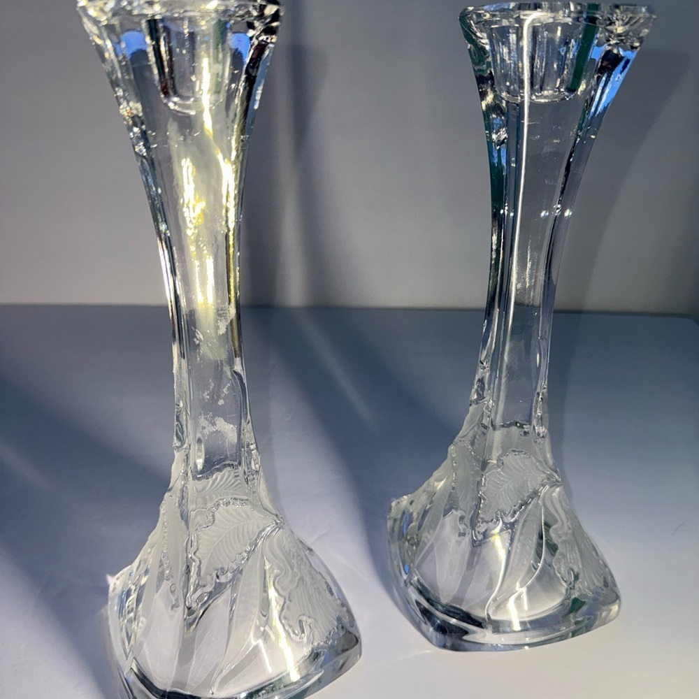 🇵🇱 Irena Poland 24% Lead Crystal 10" Candlestick Holder Pair - Etched Orchid - Picture 3 of 8